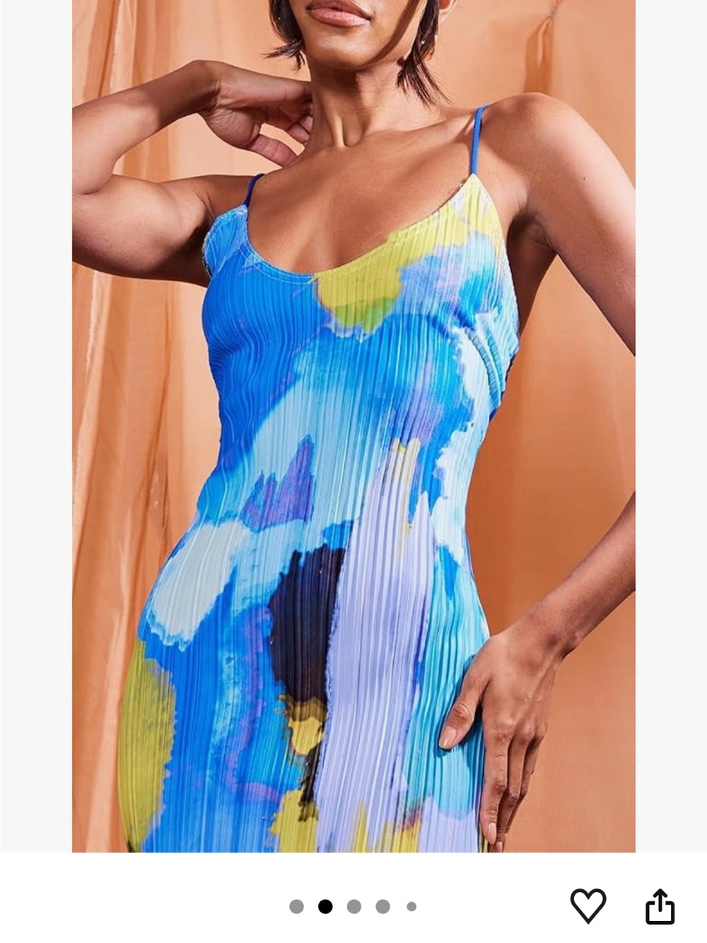 Blue Abstract Print Pleated Slip Dress with Yellow Accents